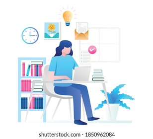 Flat design concept, studying in the room and working at home