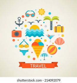 Flat design concept in stylish colors. Set of vector travel symbols. 