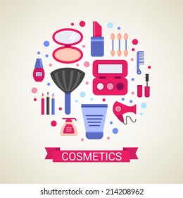 Flat design concept in stylish colors. Set of vector cosmetic symbols. 