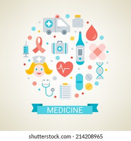 Flat design concept in stylish colors. Set of vector medical symbols. 