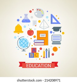 Flat design concept in stylish colors. Set of vector educational symbols. 