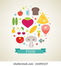 Flat design concept in stylish colors. Set of vector food symbols. 