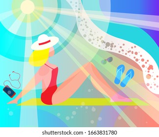 The flat design concept of a summer beach holiday. Beautiful tanned girl have a rest on the ocean beach. Sunny day at sea. Colorful modern background. Vector illustration.