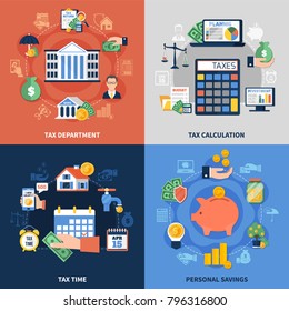 Flat Design Concept With Tax Department, Burden Calculation And Payment Time, Personal Savings Isolated Vector Illustration 