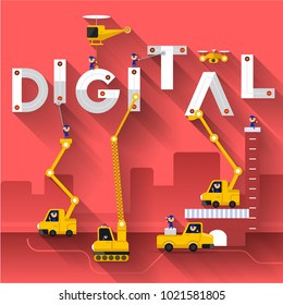 Flat design concept team building construction side text "DIGITAL". Vector illustrate.