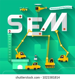 Flat design concept team building construction side text "SEM". Vector illustrate.