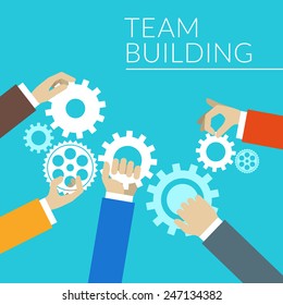 Flat design concept for team building. Hands with gears