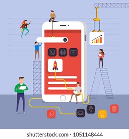 Flat design concept team working for building application on mobile. Vector illustrate.