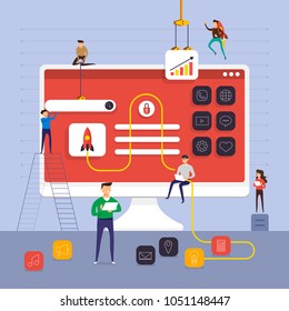 Flat design concept team working for building application on computer desktop. Vector illustrate.