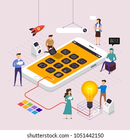 Flat design concept team working for building application on mobile. Vector illustrate.