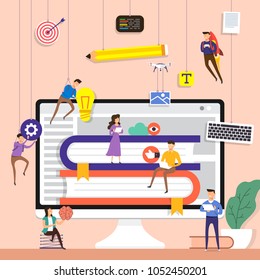 Flat design concept team working for building e-book application on desktop. Vector illustrate.