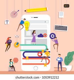 Flaches Design Concept Team arbeitet für den Aufbau von eBook-Anwendungen auf mobile. Vektorgrafik.