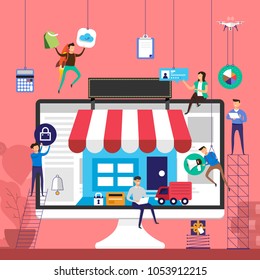 Flat design concept team working for online store e-commerce technology on desktop. Vector illustrate.