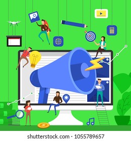 Flat design concept team working for advertising present by big megaphone on desktop. Vector illustrate.