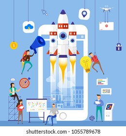 Flat design concept team working for building startup company with rocket on mobile. Vector illustrate.