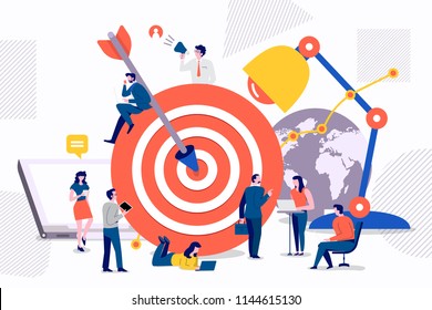 Flat design concept teamwork to build organizational success By setting the right marketing target. Vector illustrations.