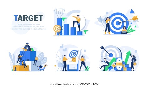 Flat design concept teamwork to build organizational success By setting the right marketing target. Vector illustrations