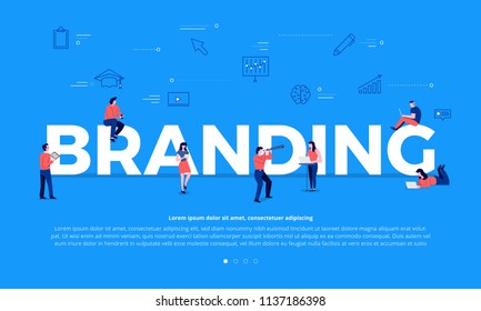 Flat design concept teamwork of business people building text BRANDING. Vector illustrations.