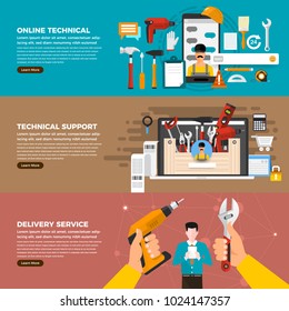 Flat design concept technician repair online service like chat, delevery, online solution. Set vector illustrate.
