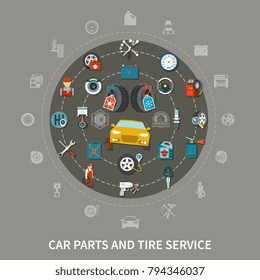 Flat design concept with tire service equipment and car spares on grey background vector illustration
