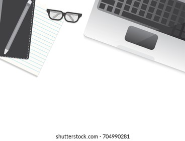Flat design concept. Top view of working place with laptop and documents on White background. Vector illustration for web banner.