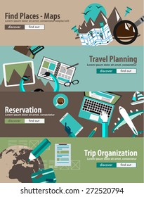 Flat Design Concept For Travel Organization and Trip Planning, room reservation, maps, find places, adventures. Ideal for printed material, paper guide, instructional brochures or flyers.