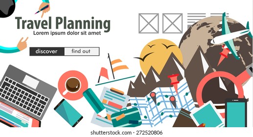 Flat Design Concept For Travel Organization and Trip Planning, room reservation, maps, find places, adventures. Ideal for printed material, paper guide, instructional brochures or flyers.