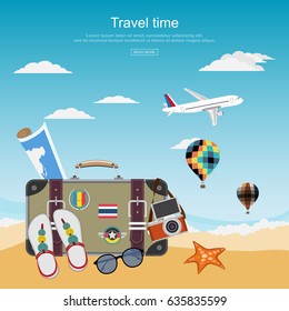 Flat design concept for travel planner summer vacation travel luggage vacation ready for adventure Summer vacation on the beach. Vector illustration.
