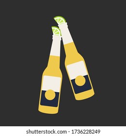 flat design concept two bottles drink art of beer cheers isolated cartoon & lemon vector on black background. corona relax & enjoy summer holiday illustration graphic. stop the coronavirus concept art