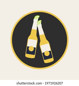 flat design concept two bottles drink art of beer cheers isolated cartoon and lemon vector on black background. corona relax enjoy summer holiday illustration graphic. stop the coronavirus concept art