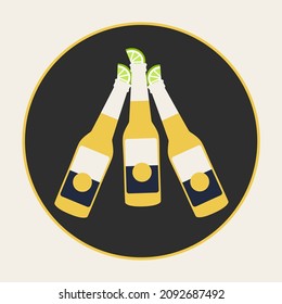 flat design concept two bottles drink art of beer cheers isolated cartoon and lemon vector on black background. corona relax enjoy summer holiday illustration graphic. stop the coronavirus concept art