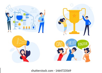 Flat design concept of university, science, key to success, great idea, language course. Vector illustration for website banner, marketing material, presentation template, online advertising.