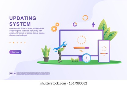 Concepto de diseño plano del sistema de actualización. Proceso de actualización a System Update, sustitución de versiones más recientes e instalación de programas. Se puede usar para página de inicio web, aplicación móvil, banner web.