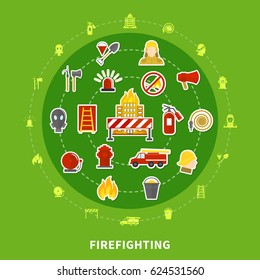Flat design concept with various firefighting icons on green background vector illustration