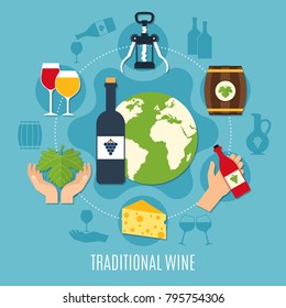 Flat design concept with various wine icons bottle cheese cask corkscrew on blue background vector illustration
