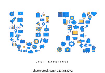 Flat design concept vector icons combination to shape of word UX ( User Experience ). Vector illustrations.