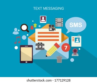 Flat design concept vector illustration surrounded by a cloud of colourful application icons of text messaging.