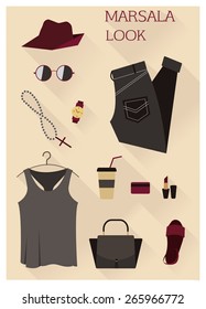 Flat design concept vector illustration of female every day carry and outfit accessories, things, tools, devices, essentials, equipment, objects, items. Icons collection in stylish colors. Clothes