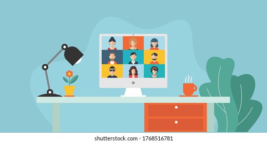 Flat Design Concept Video Conference Online Meeting Work Form Home.