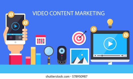 Flat design concept for video content marketing, paid advertising and mobile marketing with icons isolated on blue background