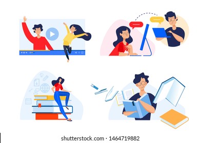 Flat design concept of video tutorials, e-book, e-learning, virtual classroom. Vector illustration for website banner, marketing material, presentation template, online advertising.