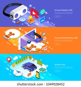 Flat design concept virtual reality, augmented reality and smart cars. Vector Illustrate.