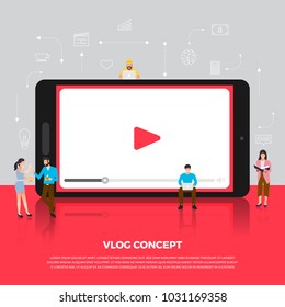 Flat design concept vlog. Team develop channel video online. Vector illustrate.