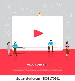 Flat design concept vlog. Team develop channel video online. Vector illustrate.