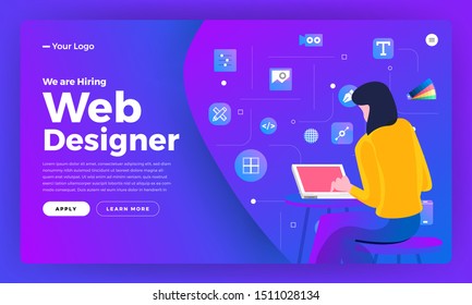 Flat Design Concept We Are Hiring Web Designer. Landing Page Template Design For Hiring Web Designe People. Vector Illustrations.