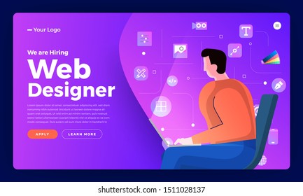 Flat design concept we are hiring web designer. Landing page template design for hiring web designe people. Vector illustrations.