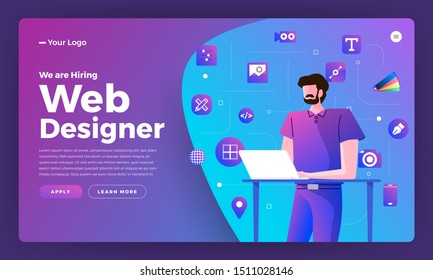 Flat design concept we are hiring web designer. Landing page template design for hiring web designe people. Vector illustrations.