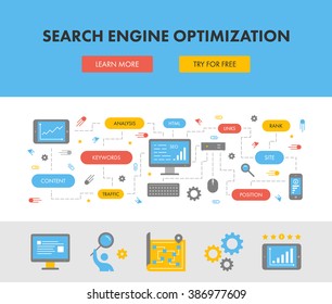 Flat design concept web banner for search engine optimization. Modern flat horizontal banner for seo. Vector creative style concept for search engine optimization.