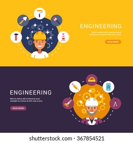 Flat Design Concept for Web Banners. Building Icons and Objects in the Shape of Circle. Male and Female Builder or Engineer Cartoon Characters. Vector Illustration in Flat Design Style