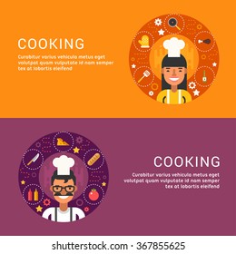Flat Design Concept for Web Banners. Cooking. Food Icons and Objects in the Shape of Circle. Chef. Male and Female Cartoon Character. Vector Illustration in Flat Design Style